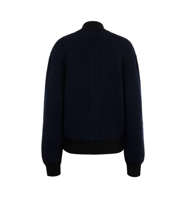 Image 2 of 3 - NAVY - Loewe Jacket crafted in medium-weight ribbed wool knit in a regular fit and length, bomber silhouette, ribbed collar, cuffs and hem, zip front fastening with removable Anagram engraved charm and chain embellishment at the chest. Wool. Made in Italy. 