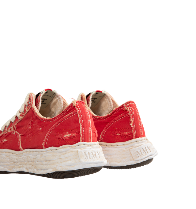 Image 3 of 5 - RED - Maison Mihara Yasuhiro Men's Peterson23 Sneakers feature the brand's signature hand-sculpted OG sole, a ripped overdye canvas upper, and a relaxed low-top silhouette for a bold contemporary look. Designed for the Spring/Summer 2026 collection, these designer sneakers combine Maison Mihara Yasuhiro's experimental aesthetic with a wider fit, layered overdye finish, distressed detailing, and a three-dimensional rubber toe cap that echoes the sculptural sole. Intentional fading and distress 