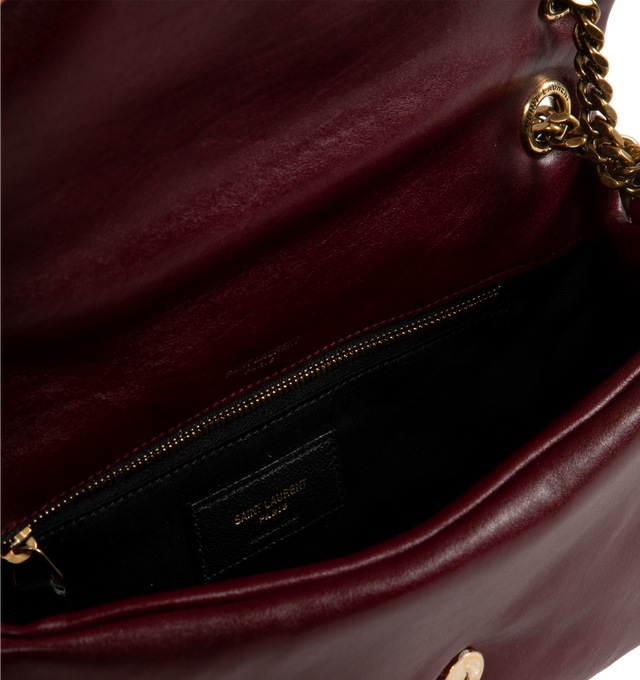 Image 4 of 4 - RED - Saint Laurent YSL Small Calypso Shoulder Bag has a snap button closure, bronze-tone hardware, an interior zipper pocket, and a sliding chain strap. 10.2 X 5.5 X 2.8 inches. Lined. 100% calfkin. Made in Italy.  