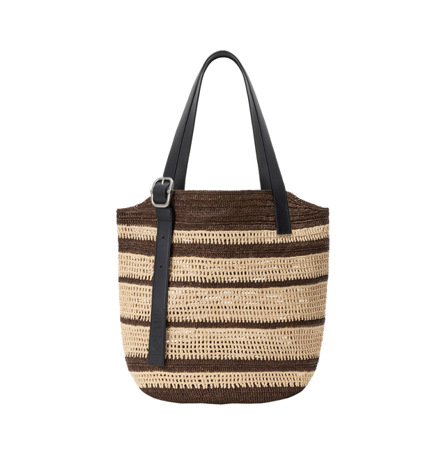 Image 1 of 5 - BROWN - LOEWE PAULA'S IBIZA Loop Basket Bag in raffia featuring two-tone stripes, suitable for a 13 inch laptop, shoulder or hand carry, adjustable handles, unlined, leather trimmings and leather buckled handles with embossed LOEWE. Raffia. 41 cm x 45 cm x 15 cm. Made in Spain. 