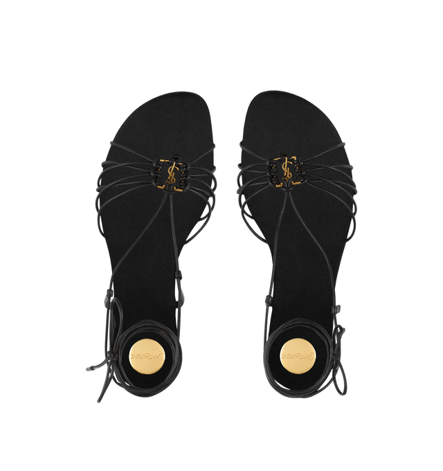 Image 3 of 3 - BLACK - SAINT LAURENT Babylone sandals featuring flat sandals decorated with the cassandrew, an almond toe, lace-up ankle straps, round saint laurent-engraved metal plaque on the insole, satin insole and leather sole. Lambskin, metal. Made in Italy. 