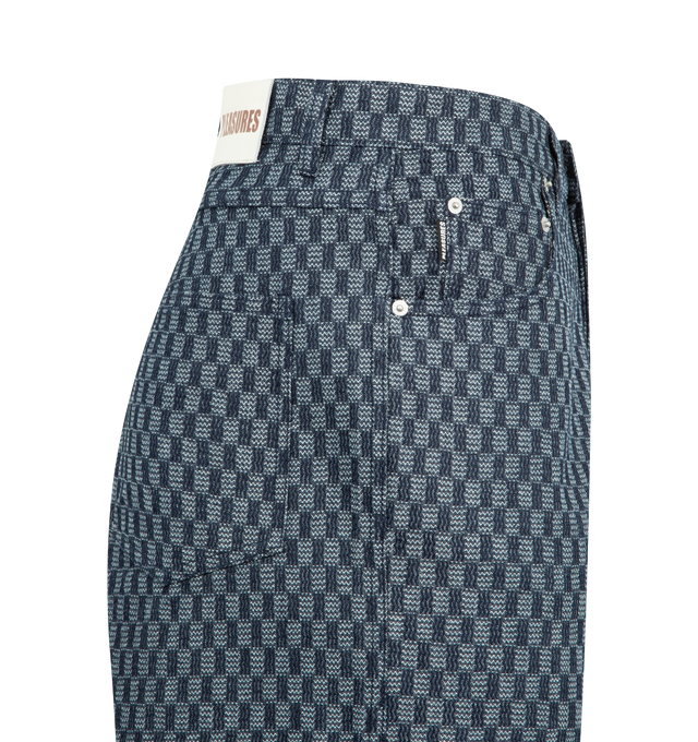 Image 3 of 3 - BLUE - PLEASURES Formula Baggy Jeans featuring denim fabric, button closure and fly, belt loops, 5 pockets, jacquard checkered pattern and debossed leather wordmark patch on back right. 90% cotton, 10% polyester. 