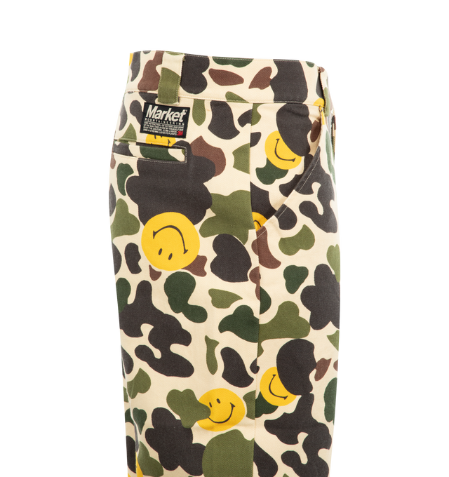 Image 3 of 3 - BROWN - Market Cotton cargo pants with allover signature SMILEY print. Featuring zip fly with button closure and front slant pockets. 100% cotton. 