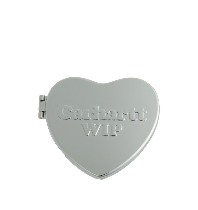 Image 1 of 2 - SILVER - Carhartt WIP Heart Pocket Mirror is crafted from lightweight zinc alloy and features a chrome-finished foldable design with a standard mirror on one side and a magnifying mirror on the other. Embossed lettering appears on the exterior, while a wax-coated canvas pouch with a heart label and branded snap closure provides storage and protection. Main Material: Zinc Alloy. Dimensions: 7 x 6.5 cm / 2.8 x 2.6 in.  