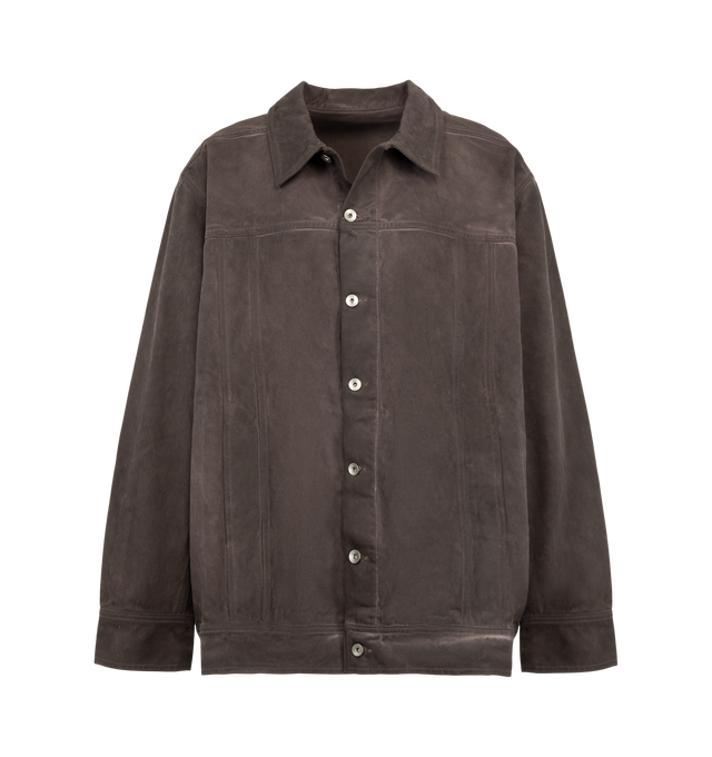 Image 1 of 2 - BROWN - Rick Owens DRKSHDW Men's Jumbo Worker Jacket is crafted from cotton denim and features an oversized workwear-inspired silhouette with a classic collar and button-front closure. Designed with long sleeves, buttoned cuffs, side pockets, and a straight hem that reinforces the label's utilitarian aesthetic. Main Material: 100% Cotton. 