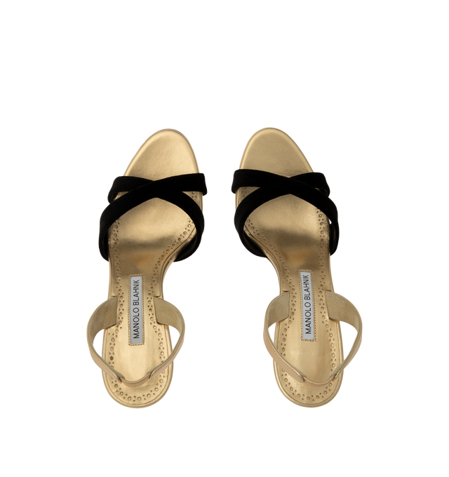 Image 4 of 4 - GOLD - Manolo Blahnik Womens Callasli 90 Slingback Sandals are crafted from nappa leather. Feature an open toe, crossover straps, slingback strap, stiletto heel, kid leather lining, and calf leather sole. Heel Height: 9 cm. Main Material: Nappa Leather; Lining: Kid Leather; Sole: Calf Leather. Made in Italy. 