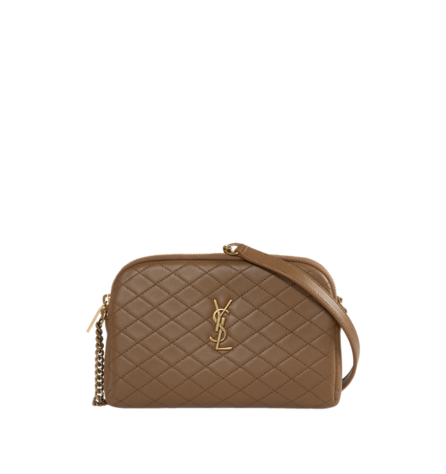 Image 1 of 3 - BROWN - SAINT LAURENT Gaby Zipped Pouch in quilted lambskin featuring the cassandre and carre-quilted overstitching. 7 X 5.1 X 1.1 inches. Strap drop: 64cm. 80% lambskin, 20% brass. Made in Italy. 
