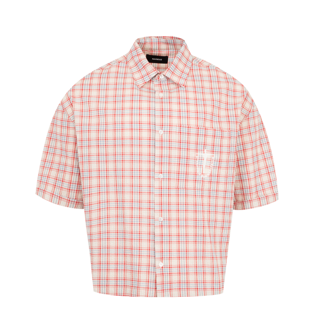 Image 1 of 2 - RED - NAHMIAS Plaid Summerlandum Cropped Shirt featuring Summerlandum motif embroidered on front pocket, collar, short sleeves, boxy fit and Nahmias button closure. 100% cotton. Made in Los Angeles. 