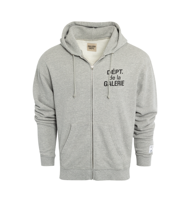 Image 1 of 3 - GREY - GALLERY DEPT. French Zip Hoodie featuring zip-up front closure, hood with drawstring, ribbed hem and cuffs, front pockets, logo on front and back. 100% cotton.