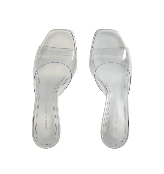 Image 4 of 4 - SILVER - AMINA MUADDI Lupita Glass Slipper featuring transparent PVC mule sandals, open toe, slide style, leather lining and leather outsole. 70 mm clear plexi exaggerated pedestal stiletto heel. Made in Italy. 