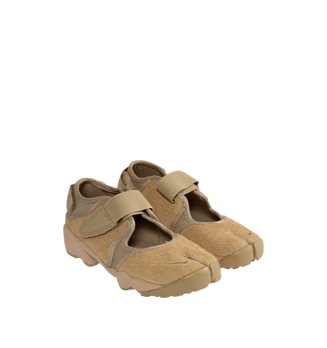 Image 2 of 5 - BROWN - NIKE Air Rift Sneaker featuring soft suede upper with hook-and-loop straps for easy adjusting, split-toe design and a plush foam midsole with Air cushioning in the heel. 