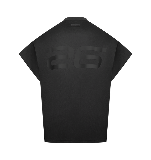 Image 2 of 2 - BLACK - FEAR OF GOD ESSENTIALS Satin Fleece 90s Muscle Tee featuring heavyweight satin fleece, voluminous 90s-inspired silhouette, bold "26" HD print on the back and signature rubberized Fear of God Essentials label at the collar. 28.5% cotton, 71.5% polyester satin fleece. 