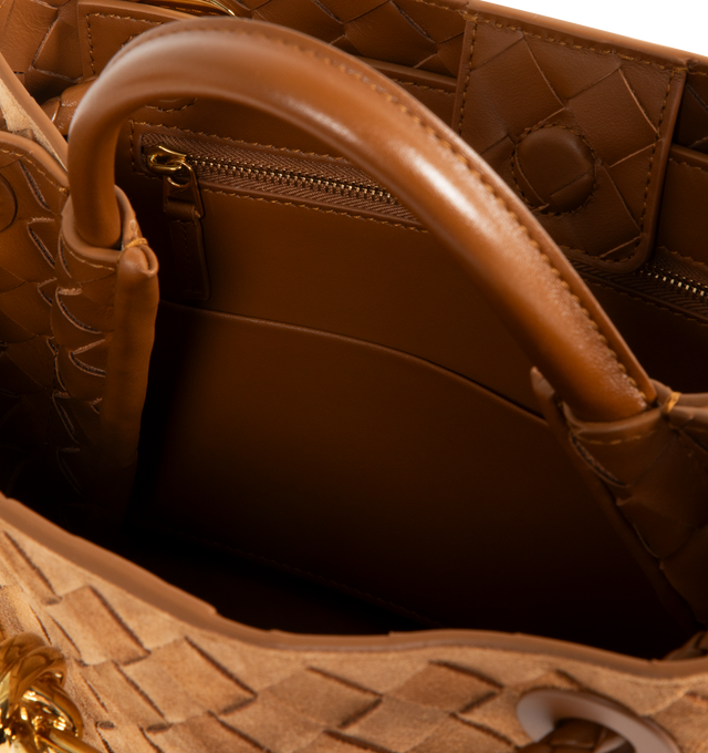 Image 4 of 4 - BROWN - Bottega Veneta Andiamo Bag has a magnetic closure, a sliding cross-body strap, an interior zip pocket, 2 interior open pockets, and brass-finished hardware. 7.9" x 9.8" x 3.9". Calfskin. Made in Italy.  