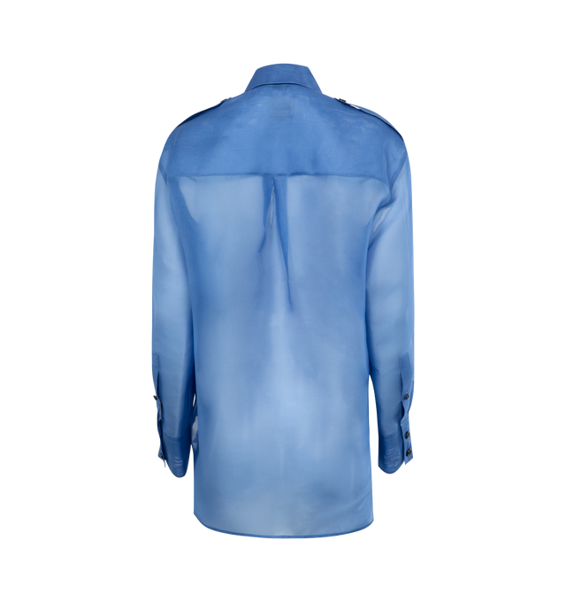 Image 2 of 2 - BLUE - KHAITE Massa Top featuring silk semi-sheer construction, straight-point collar, front button fastening, drop shoulder, long sleeves, buttoned cuffs, two chest flap pockets and straight hem. 100% silk. Made in Italy.  