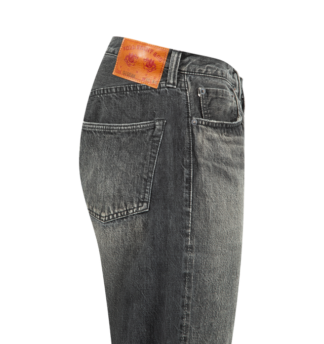 Image 3 of 3 - BLACK - FULLCOUNT Wide Black Denim Dartford Jean featuring 13.7oz original black selvedge denim, distressing throughout, 5 pocket style and button zip fly closure. 100% Zimbabwean cotton. Made in Okayama, Japan. 