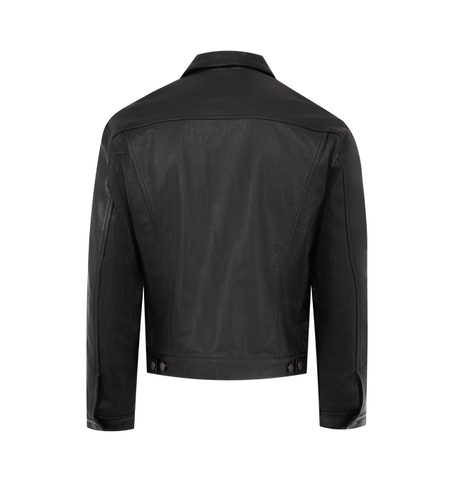 Image 2 of 4 - BLACK - Seekings Leather Trucker Jacket has a button front closure, an oversized fit, chest pockets, side pockets, interior chest pockets, button tabs at the waist, and brand-engraved hardware. 100% cowhide leather. Made in Japan.  