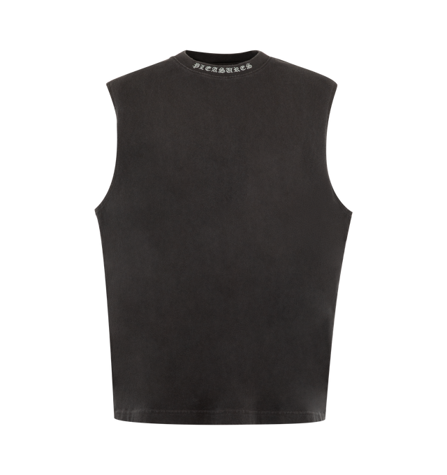Image 1 of 2 - BLACK - Pleasures Mens Relaxed Sleeveless T-Shirt is crafted from heavyweight cotton jersey. Features a relaxed fit, sleeveless silhouette, embroidered logo detailing, and enzyme-washed finish. Main Material: 100% Cotton. Made in China. 