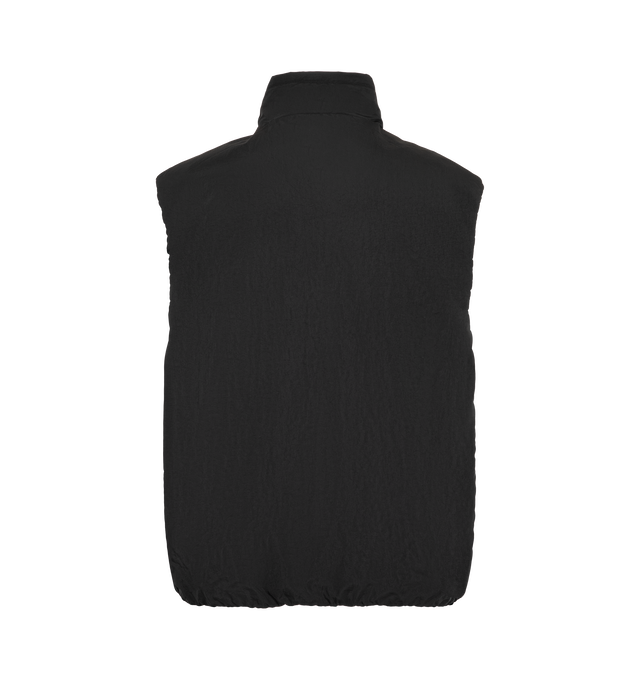 Image 2 of 2 - BLACK - Kaptain Sunshine Men's Shrink Nylon Puff Vest is crafted from shrink-processed nylon fabric that develops a natural texture, distinctive wrinkled appearance, and subdued sheen through a specialized salt-shrink treatment applied to fine-count nylon yarns. Fully insulated with a lightly structured construction, this relaxed-fitting vest features a stand collar, front zip closure, and two zip pockets for functional everyday wear. Main Material: Nylon. Made in Japan. 