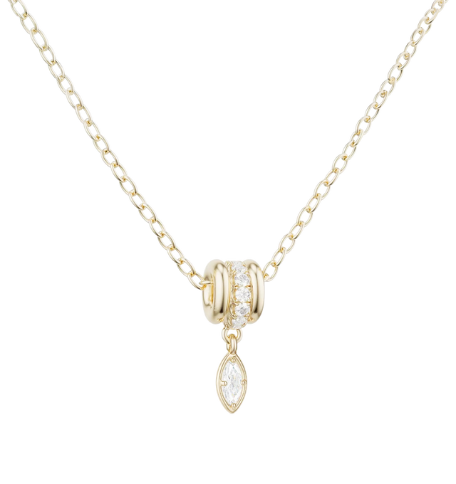 Image 1 of 2 - GOLD - Spinelli Kilcollin Vesta Marquise YG WD Pav Necklace is crafted from 18k yellow gold and features a trio of full-round annulets adorned with pav-set white diamonds that move freely along the chain. Suspended from the annulets is a marquise-cut natural white diamond drop charm, creating a refined balance of movement and brilliance. Handcrafted in Los Angeles, this signature design blends Spinelli Kilcollin's sculptural aesthetic with everyday elegance. Main Material: 18k Yellow Gold. St 