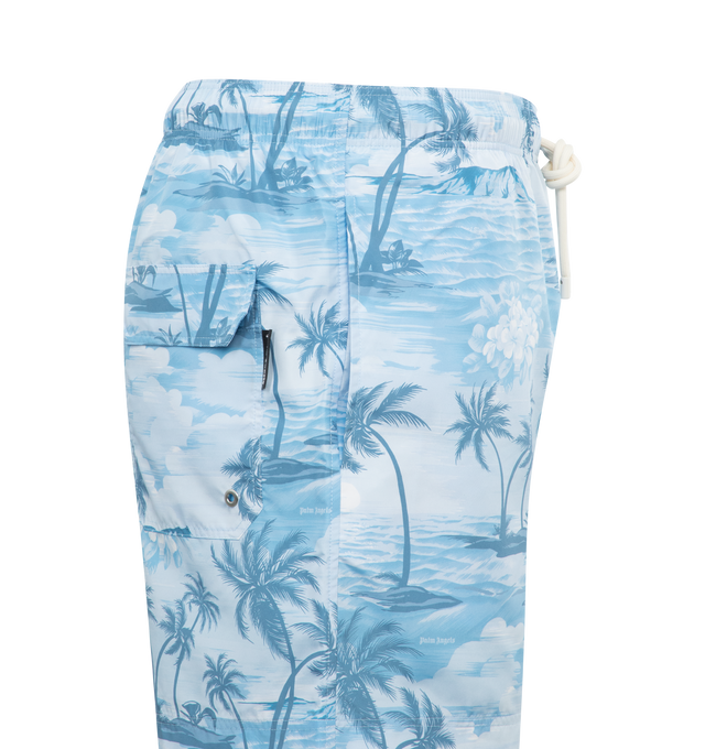 Image 3 of 3 - BLUE - PALM ANGELS men's blue swim shorts with sunset print and small palm angels lettering, elastic waistband, white drawstring and flap pocket on the back. 100% polyester.  