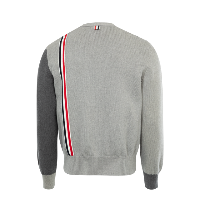 Image 2 of 2 - GREY - THOM BROWNE Funmix 4-Bar Cardigan featuring signature grosgrain loop tab, v-neck, contrasting panel detail, signature 4-Bar stripe, long sleeves, front button fastening, buttoned cuffs, RWB stripe and two front pockets. 100% cotton.  