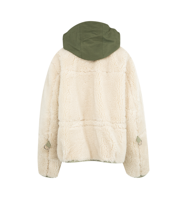 Image 2 of 3 - WHITE - SACAI Faux Sherling x Grosgrain Jacket featuring contrast drawstring hood, zip closure, two snap buttons on the neck, polyester zip pockets, inner drawstring at the waist and finished hem and cuffs. 50% wool, 28% acrylic, 22% polyester. 