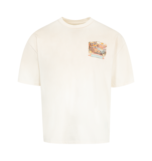 Image 1 of 2 - WHITE - Amiri Jazz Hideaway T-Shirt has a crew neck, brand graphics at the front and back, and short sleeves. 100% cotton. 