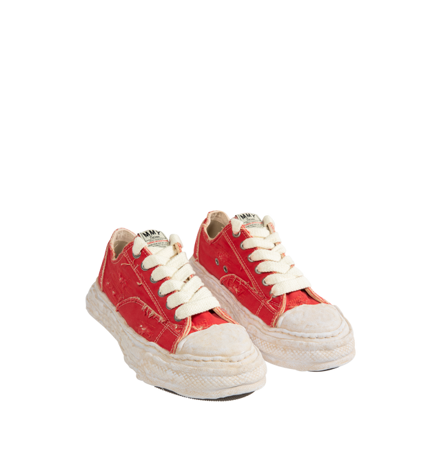 Image 2 of 5 - RED - Maison Mihara Yasuhiro Men's Peterson23 Sneakers feature the brand's signature hand-sculpted OG sole, a ripped overdye canvas upper, and a relaxed low-top silhouette for a bold contemporary look. Designed for the Spring/Summer 2026 collection, these designer sneakers combine Maison Mihara Yasuhiro's experimental aesthetic with a wider fit, layered overdye finish, distressed detailing, and a three-dimensional rubber toe cap that echoes the sculptural sole. Intentional fading and distress 