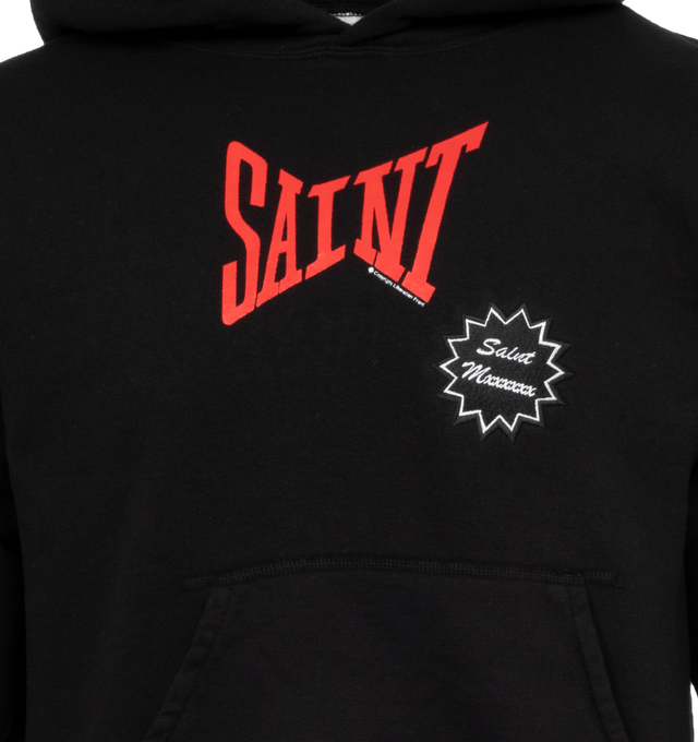 Image 3 of 3 - BLACK - SAINT MICHAEL Saint Hoodie featuring logo print to the front, classic hood, drop shoulder, long sleeves, ribbed cuffs and hem and front pouch pocket. 100% cotton.  