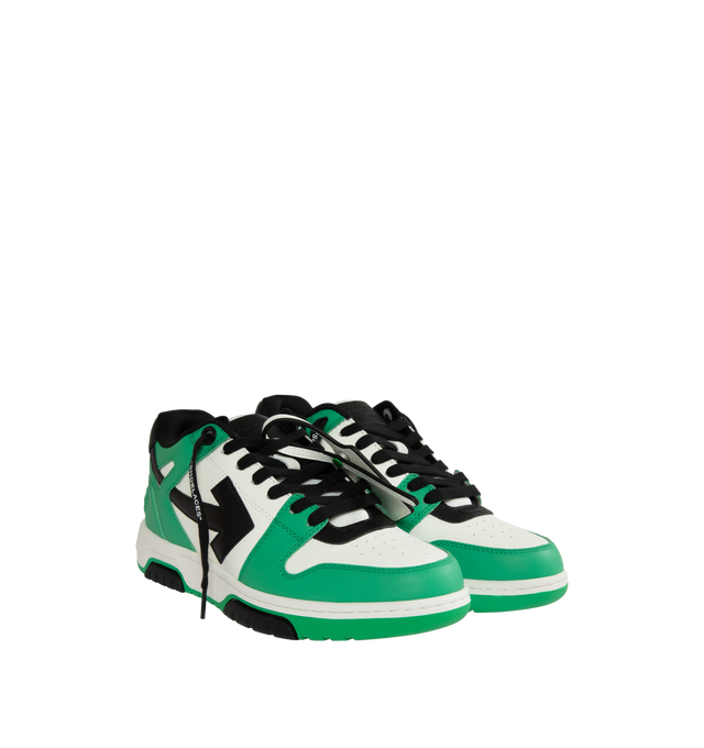 Image 2 of 5 - GREEN - OFF-WHITE Out of Office sneaker combines street, basketball and running styles heavily influenced by 90s subculture. Constructed with a calf leather upper and rubber sole. Lining: 18% Polyester,  82% Recycled Polyester. Outer: 89% Leather, 11% Recycled Polyester. Sole: 100% Rubber. 
