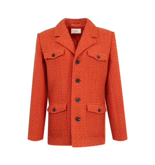 Image 1 of 2 - ORANGE - Saint Laurent Womens Single-Breasted Jacket is crafted from a certified wool blend. Features a single-breasted four-button closure, notched lapels, padded shoulders, four-button cuffs, two buttoned flap chest pockets, two front patch pockets with button flaps, and silk lining. Main Material: Wool, Polyamide; Lining: Silk. Made in Italy. 
