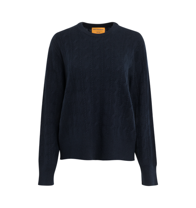 NAVY - GUEST IN RESIDENCE Twin Cable Crew featuring crew neck, all over double cable stitch, ribbed neck trim, cuff, and hem and integral knitted branding. 100% cashmere. 