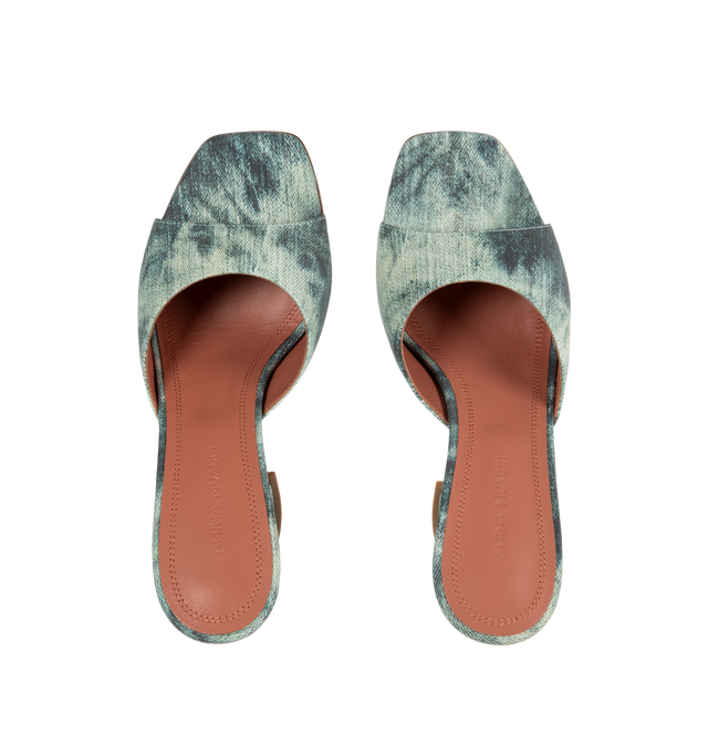 Image 4 of 4 - BLUE - AMINA MUADDI Lupita Slide Sandal in Tie Dye Denim featuring signature flared heel, printed suede, leather upper and leather lining and rubber sole. 95MM pyramid-shaped heel. Made in Italy. 