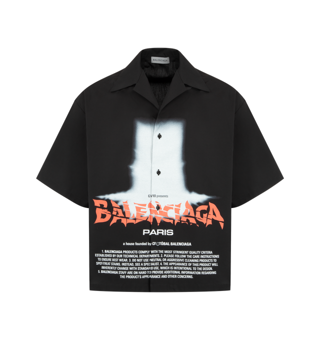 Image 1 of 2 - BLACK - BALENCIAGA The Door Bowling Shirt in cotton poplin featuring shirt collar with loop detail on the left side, 4-mother-of-pearl button front closure, short sleeves, straight hem, Balenciaga-engraved buttons and the door artwork printed on the front. 100% cotton. Made in Italy.  