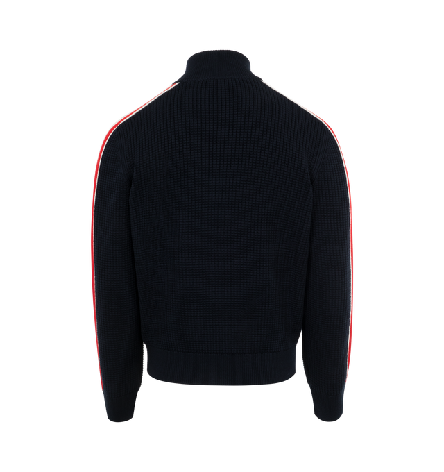 Image 2 of 3 - NAVY - Moncler X Palm Angels Zip-Front Cardigan has a ribbed collar, hem, and cuffs, a zip front closure, a brand logo patch, and 2 front pockets. 69% polyester, 31% cotton.  