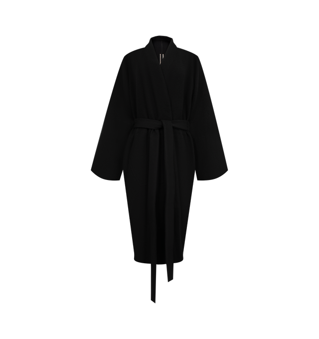 Image 1 of 4 - BLACK - Rick Owens Women's Dagger Robe is crafted from virgin wool and features a relaxed, draped silhouette with a deep cowl neckline. Designed with wide bell sleeves, a self-tie waist belt, two front pockets, and a midi-length hem for an elegant, fluid shape. Main Material: 100% Virgin Wool. 