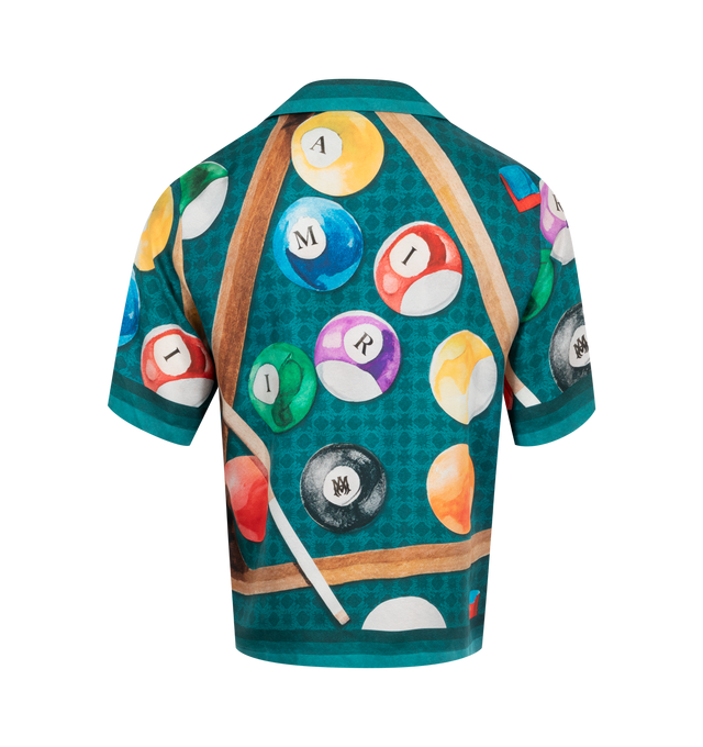 Image 2 of 2 - GREEN - Amiri Billiards Bowling Shirt has a notched collar, a button front closure, short sleeves, and a graphic print. 100% silk. Made in Italy.  