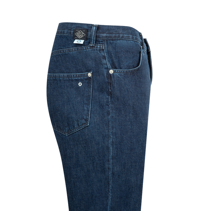 Image 3 of 3 - BLUE - POST O'ALLS 546 Flare-R2 Pant featuring four pocket style, button zip closure, belt loops and minimal flare hem. 100% cotton. Made in Japan. 