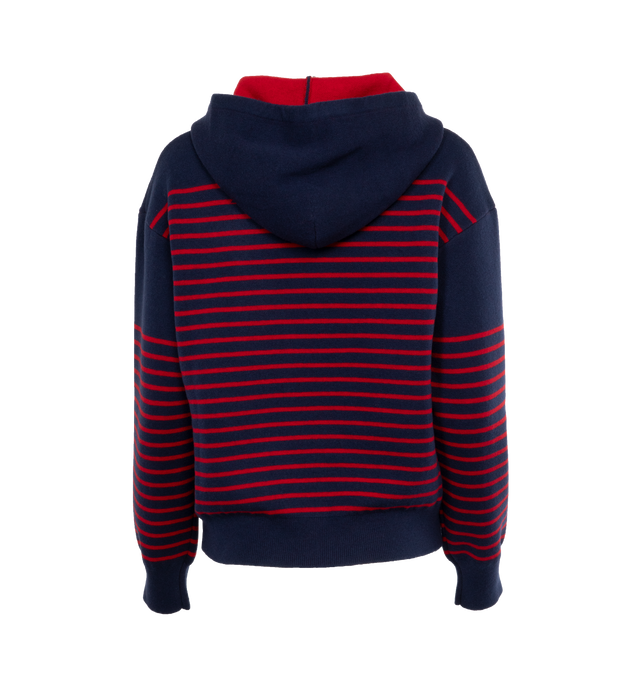 Image 2 of 3 - MULTI - LOEWE HOODIE IN WOOL is a hoodie crafted in medium-weight navy/red wool jacquard, double face jacquard knit, regular fit, regular length, hooded collar with drawstrings, ribbed cuffs and hem, and LOEWE jacquard placed at the back. 100% wool 