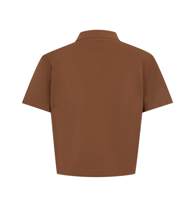 Image 2 of 2 - BROWN - SAINT LAURENT Cropped Polo Shirt featuring short-sleeves, a tonal logo embroidery at the chest, three-button placket and polo collar. 100% cotton. Made in France. 