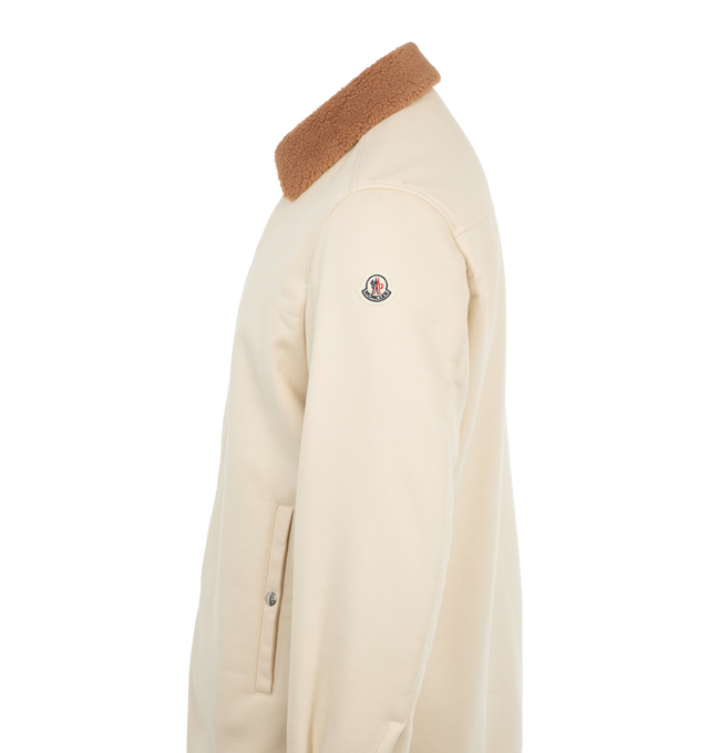 Image 3 of 3 - WHITE - Moncler Gasserhof Shirt Jacket is designed in bonded cotton with a teddy collar, zipper and snap button closure, pockets with button closure, and adjustable cuffs. 51% polyester, 49% cotton. Made in Romania.  