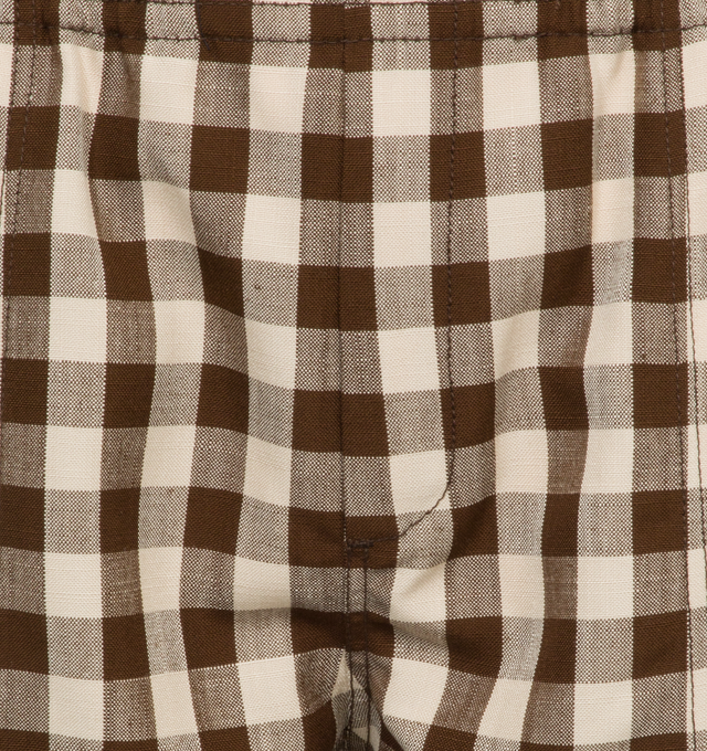 Image 4 of 4 - BROWN - BODE Gilbert Check Shorts featuring print throughout, elastic waist, back patch pocket, a short inseam and a wide leg opening. 100% viscose. Made in Romania. 