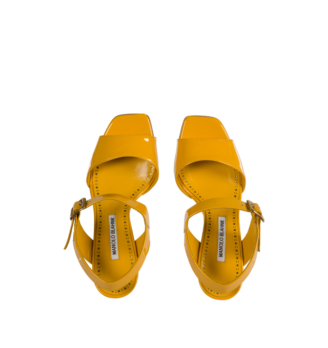 Image 4 of 4 - YELLOW - MANOLO BLAHNIK Fairu Slingback Sandals featuring patent leather open toe, ankle strap buckle closure and stiletto high heel. 100% calf patent. Sole: 100% calf leather. Lining: 100% kid leather. 90MM. Made in Italy. 