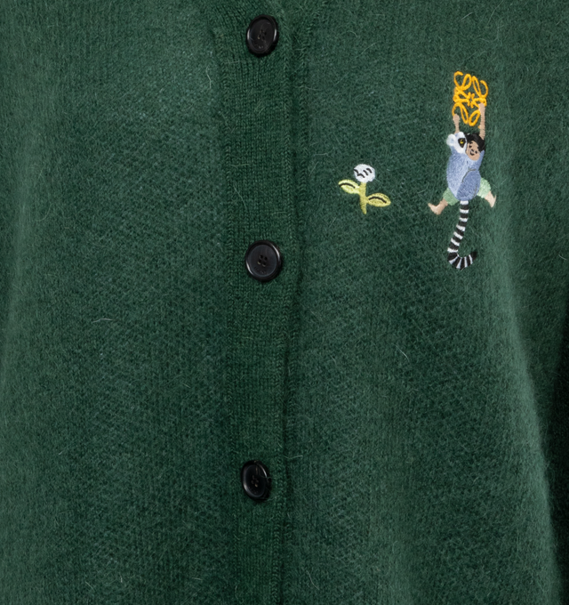 Image 3 of 3 - GREEN - LOEWE ASYMMETRIC CARDIGAN is crafted in medium-weight green mohair and wool blend. This cardigan is part of the LOEWE x Suna Fujita collaboration. It has a double face jacquard, oversized fit, long length, lemur and Anagram embroideries at the chest, V-neck, ribbed cuffs and hem, button front fastening and asymmetric hem. 60% mohair, 34% polyamide, 6% wool; trim: 100% viscose 