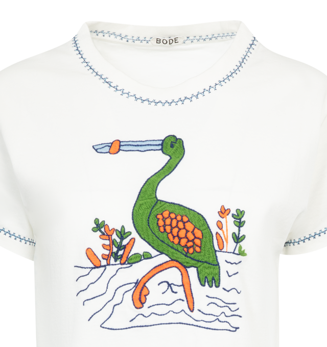 Image 2 of 2 - WHITE - BODE Embroidered Heron Tee featuring embroidered front, crew neck, short sleeves and contrast stitching. 100% cotton. Made in Portugal. 