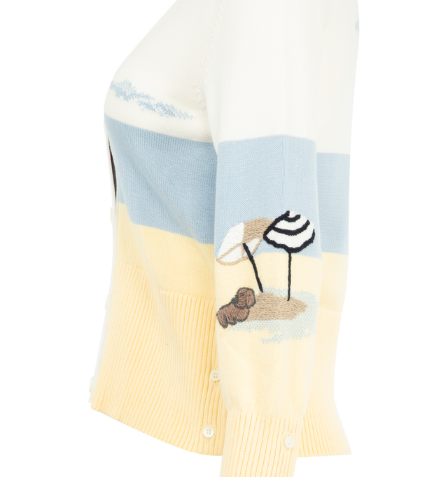 Image 3 of 4 - MULTI - THOM BROWNE Nantucket Scenic Embroidery Cardigan featuring v-neckline, front button closure with striped grosgrain placket, buttoned side vents and cuffs with signature striped grosgrain trim and signature striped grosgrain loop tab. 100% cotton. Made in Italy. 