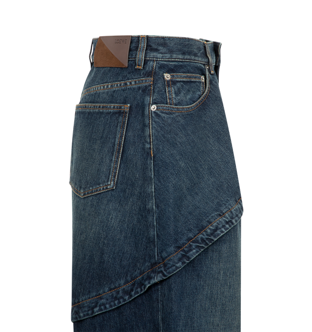 Image 3 of 3 - BLUE - Loewe Womens Washed Cotton Denim Jeans are crafted from medium-weight washed cotton denim. Features a relaxed fit, regular length, mid-rise waist, asymmetric paneled construction, concealed zip fly, slash pockets, rear patch pockets, and LOEWE embossed leather and suede patch at the back. Main Material: Cotton. Made in Italy. 