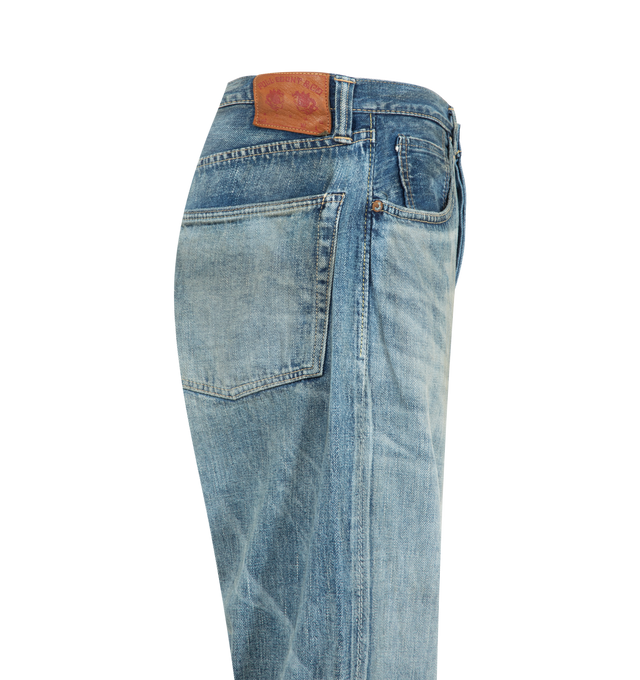Image 3 of 3 - BLUE - FULLCOUNT  WWII Model 11.5oz Denim Pants HW Master Of Reality featuring button closure, belt loops at waist, 5 pocket style and fading throughout. 100% cotton. Made in Japan.  