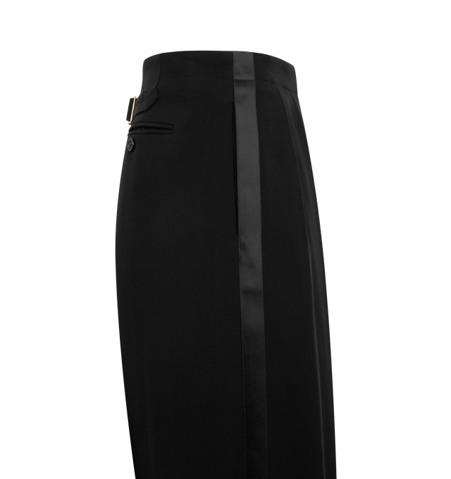 Image 3 of 3 - BLACK - THE ROW Felicita Pant featuring high-rise tailored trouser in structured wool twill with front double pleats, adjustable back buckle strap, side seam pockets, satin side stripe and crafted in wool back satin gabardine. 100% wool. Made in Italy. 