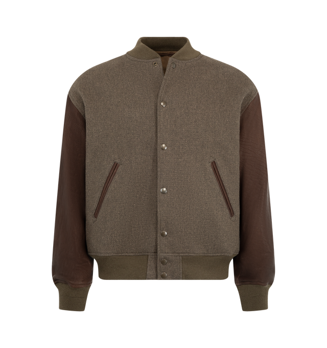 Image 1 of 3 - BROWN - Kaptain Sunshine Men's Award Jacket is crafted from a custom high-density double-cloth fabric woven from a cotton and wool worsted blend and features a short-length silhouette, deer skin sleeves, and a concealed fly-front button closure. Inspired by classic varsity styles, this jacket is finished with wool rib-knit trims, a full lining, and a substantial yet comfortable weight that balances structure and ease of wear. Main Material: 70% Wool, 30% Cotton. Lining: 50% Cupra, 50% Cotton. 